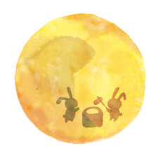 水彩で描いた月見のイラスト　月とうさぎ　十五夜