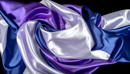 Abstract Swirling Fabric Display in Shades of Blue Purple and White on Black Background with Shiny Texture