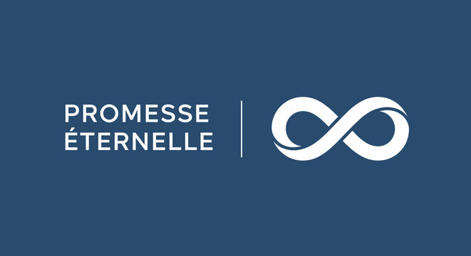 PROMESSE &Eacute;TERNELLE. Logo avec le symbole de l'infini. Concept d'amour, de fid&eacute;lit&eacute; et d'engagement pour toujours sur fond bleu.