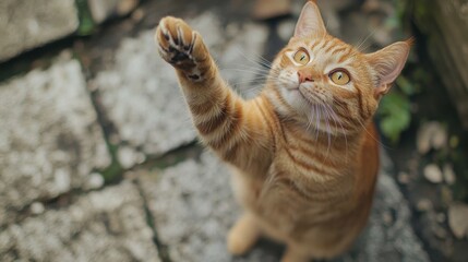 A ginger cat with yellow eyes and a white mustache, standing on a stone patio with its paw raised in a playful gesture.