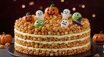 Halloween eerie-themed popcorn cake with glowing layers with fun mix of sweet and creepy for festive celebration or halloween event
