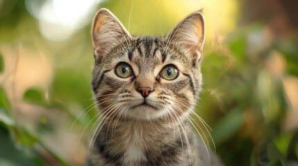 A curious tabby cat with green eyes and a striped coat, looking up with a curious expression, surrounded by green foliage in a garden setting.