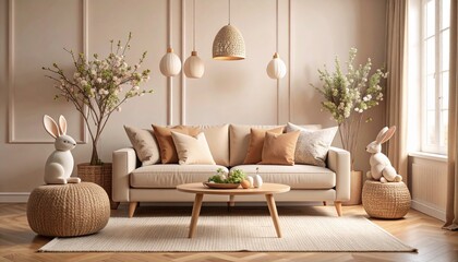 Elegant Easter-themed interior with a cozy sofa, a round side table, and a decorative bunny figurine, complemented by warm earth tones. Detailed high quality image. 