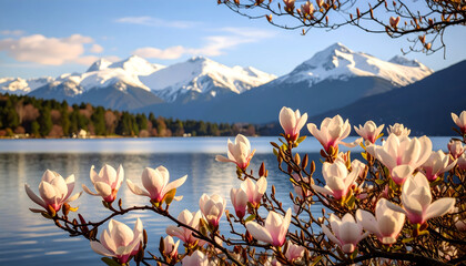 Magnolia Blossoms Blooming Beside Calm Lake Reflecting Snow Capped Mountains Under Blue Sky