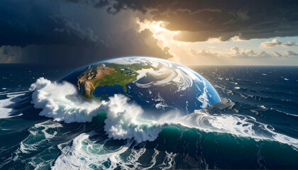 Planet Earth Surrounded by Enormous Waves Under Dramatic Cloudy Sky with Sunlight Bursting Through