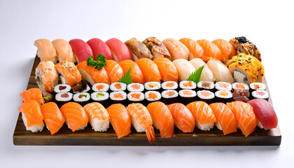 Assortment of Freshly Prepared Sushi and Sashimi on a Dark Wooden Platter against White Background