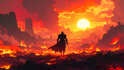 Pixelated Silhouette Of Warrior With Sword In Fiery Landscape At Sunset