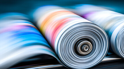 A dynamic scene of colorful, printed paper exiting the high-speed rollers of a printing press.
