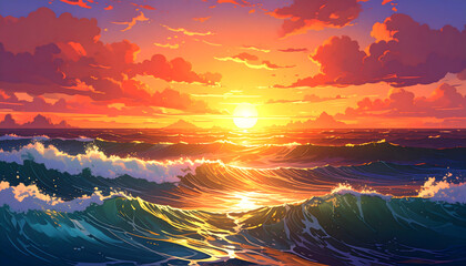 Pixelated Sunset Scene Over Ocean Waves With Orange Sky And Golden Reflections