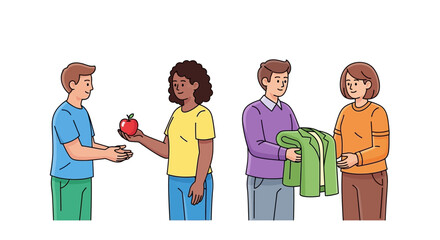 Diverse individuals engaged in acts of kindness and charity. A man gives food and another donates clothes, symbolizing community support and volunteering.