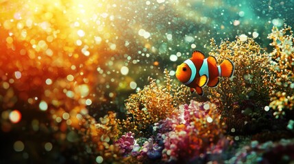 A colorful clownfish swimming in an underwater coral reef with a sunburst effect in the background.