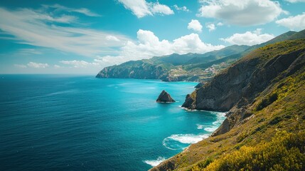 A breathtaking view of a rugged coastline with turquoise waters and lush greenery.