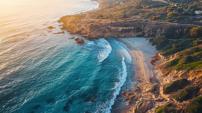 A picturesque coastal scene with a rocky shoreline and turquoise waters at sunset. - Powered by Adobe