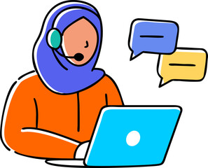 Cartoon Style Customer Service Woman with Laptop and Speech Bubbles Illustration