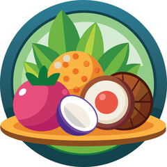 Tropical Plate with Fruits and Coconut Flat Vector Icon Illustration