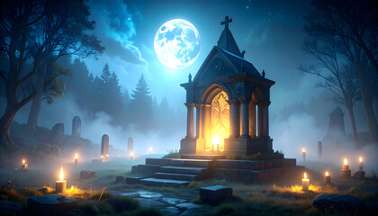 Illuminated Stone Mausoleum at Night Under a Full Moon in a Spooky Cemetery with Glowing Candles