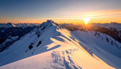 Snowy Mountain Ridge Lit By Setting Sun During Golden Hour With Dramatic Sky