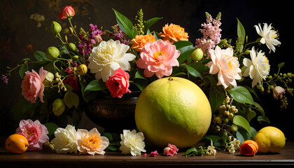 Vibrant Floral Arrangement Featuring Assorted Blooms Citrus Fruit on a Wooden Table with Dark Background