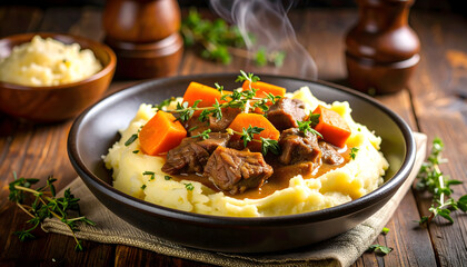 Hearty Beef Stew Served Over Creamy Mashed Potatoes with Carrots and Herbs on a Dark Wooden Table