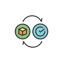 
An icon of two circles with arrows. One circle contains a box, and the other has a checkmark, symbolizing a verified process or exchange.