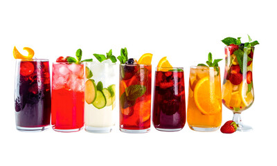 Collection of refreshing colorful cocktails in tall glasses isolated on transparent background
