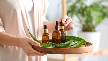 Woman holding aloe vera oil.
