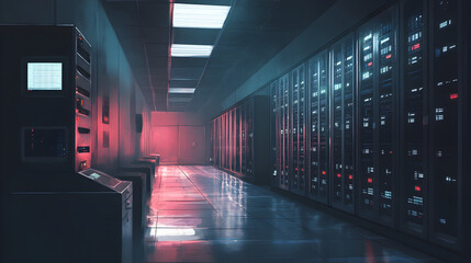 A server room with rows of computer servers and screens in a long corridor with red and blue lights