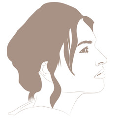 A minimalist vector illustration shows a woman's face in profile. Her elegant features are drawn with delicate lines, while her brown hair is a solid, elegant shape.