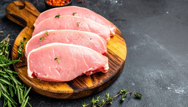 Four raw pork chops on a wooden cutting board, garnished with herbs, rest on a dark background