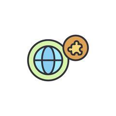 An icon showing a globe next to a smaller, orange circle containing a puzzle piece. It represents global solutions or integrations.