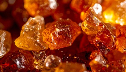 Sparkling amber resin crystals catch warm light, revealing intricate textures and deep, rich hues.