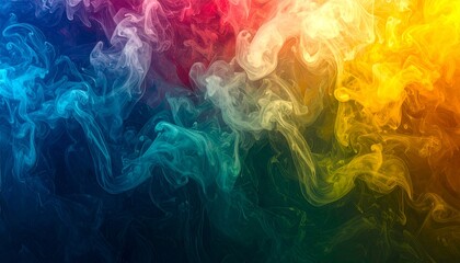 Vibrant smoke swirls in a dynamic gradient of blue, green, red, and yellow, creating an energetic abstract background.