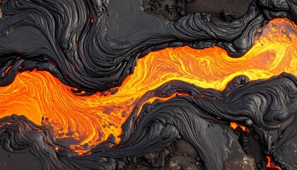 Fiery molten lava flows through solidified black rock, a powerful natural spectacle.