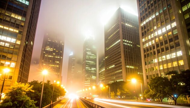 Urban cityscape at night with foggy skyscrapers and glowing streetlights creating dynamic light trails - Powered by Adobe