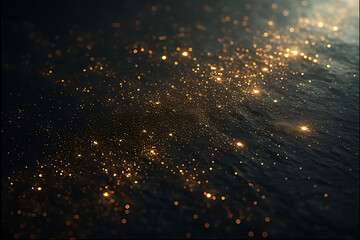 Stunning golden bokeh lights sparkle over dark fluid waves, shimmering and magical, perfect for conveying luxury, celebration, and dreamy atmosphere