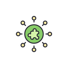 An icon showing a puzzle piece at the center of a circle, with multiple location pins surrounding it, symbolizing a central solution serving various locations or a distributed network of solutions.