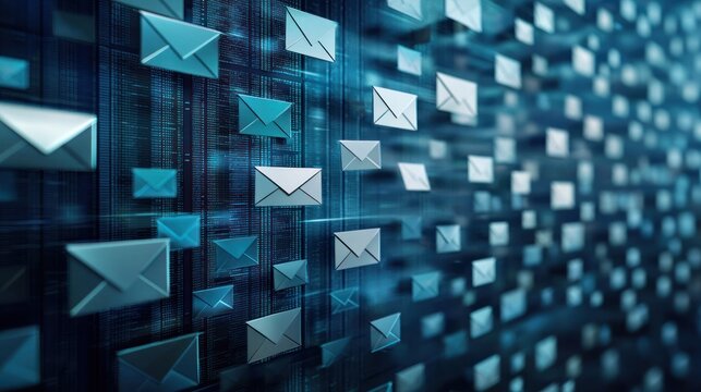 A digital screen displaying a grid of envelopes against a blue background. - Powered by Adobe