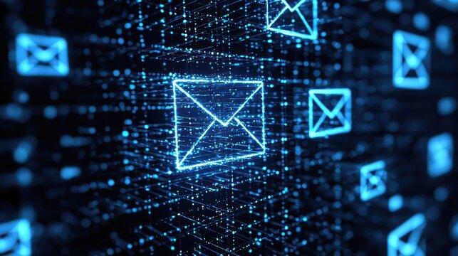 A digital image with a blue and white grid pattern and glowing blue envelopes floating in the air.