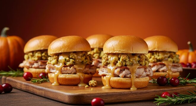 thanksgiving mini turkey sliders with stuffing and gravy drizzle