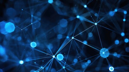 A blue and black abstract digital network with glowing nodes and lines.