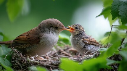 巣で雛に給餌する親鳥（距離を保った観察）
