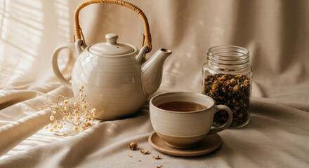 Ceramic Teapot and Cup with Brown Tea on Beige Linen Fabric