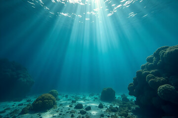 Fototapeta premium Sunlight Streaming Through Ocean Water Onto Coral Reef