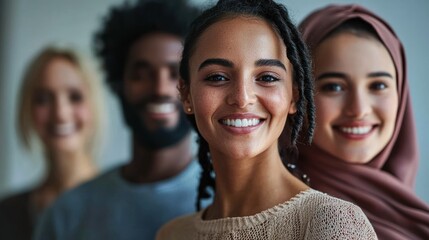Fototapeta premium A diverse group of individuals standing together, smiling and looking at the camera.