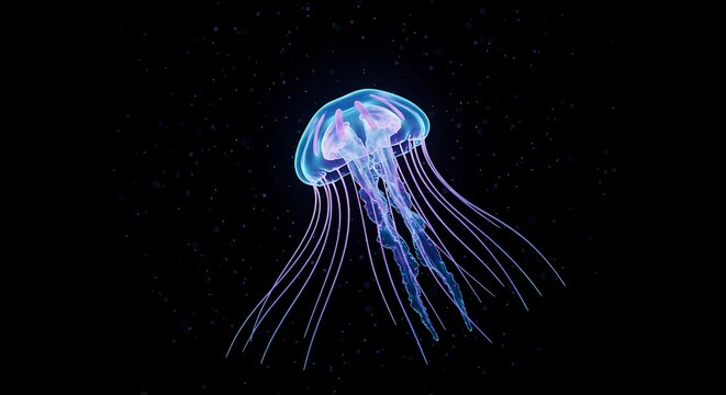 Luminous Jellyfish with Tentacles in the Dark Sea - Powered by Adobe