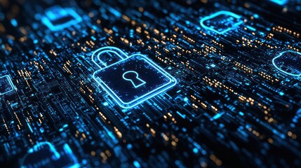 A digital lock icon on a blue and black circuit board background.
