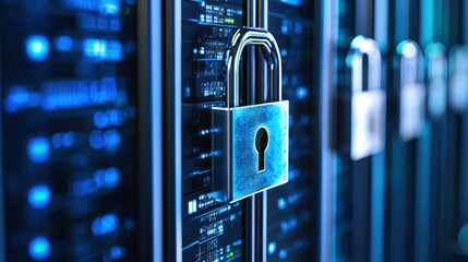 A padlock with a keyhole on a metal rod, set against a backdrop of computer servers.