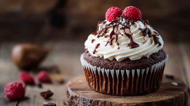 A chocolate cupcake with white frosting and raspberries on top, placed on a wooden board with a rustic background.