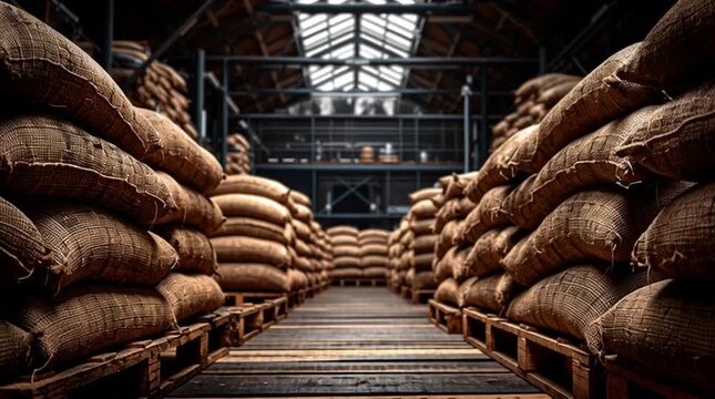Warehouse of Jute Sacks on Pallets: Simple, direct, and highly descriptive.

