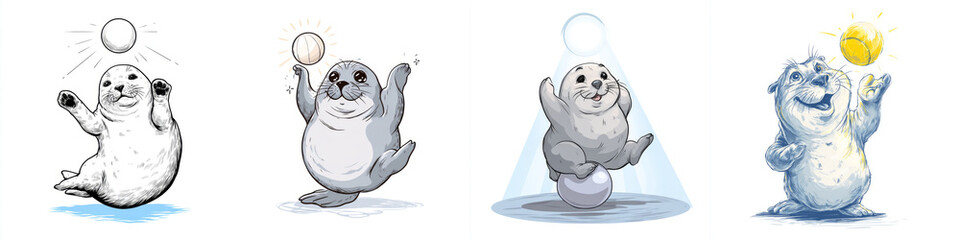 Obraz premium Cute cartoon seals juggling balls in various playful poses showcasing skill and charm in a fun and colorful illustration